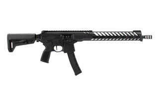 SIG Sauer MPX 9mm PCC with Timney Trigger has 16-inch barrel smooth gas piston system, 35 round magazine, and folding stock.